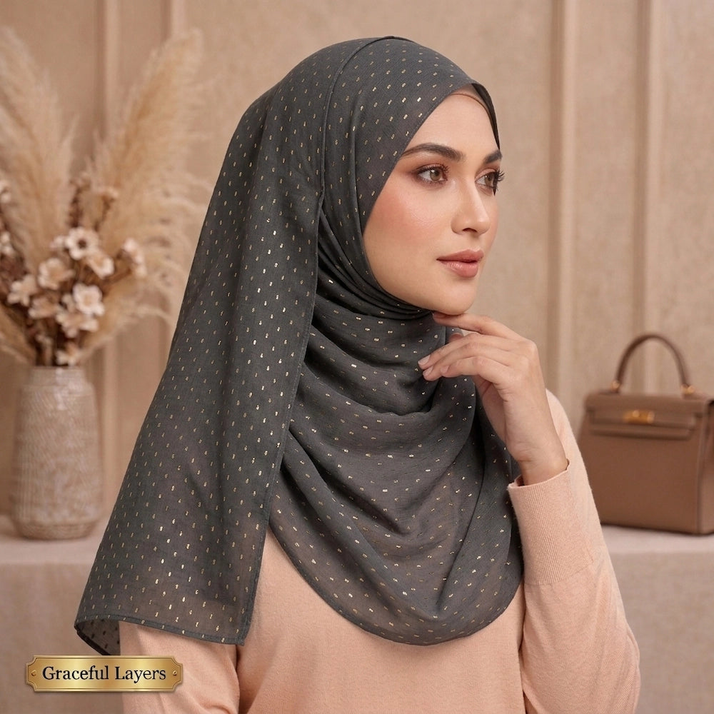 Gray lawn hijab with golden rectangle modern breathable modest hijab