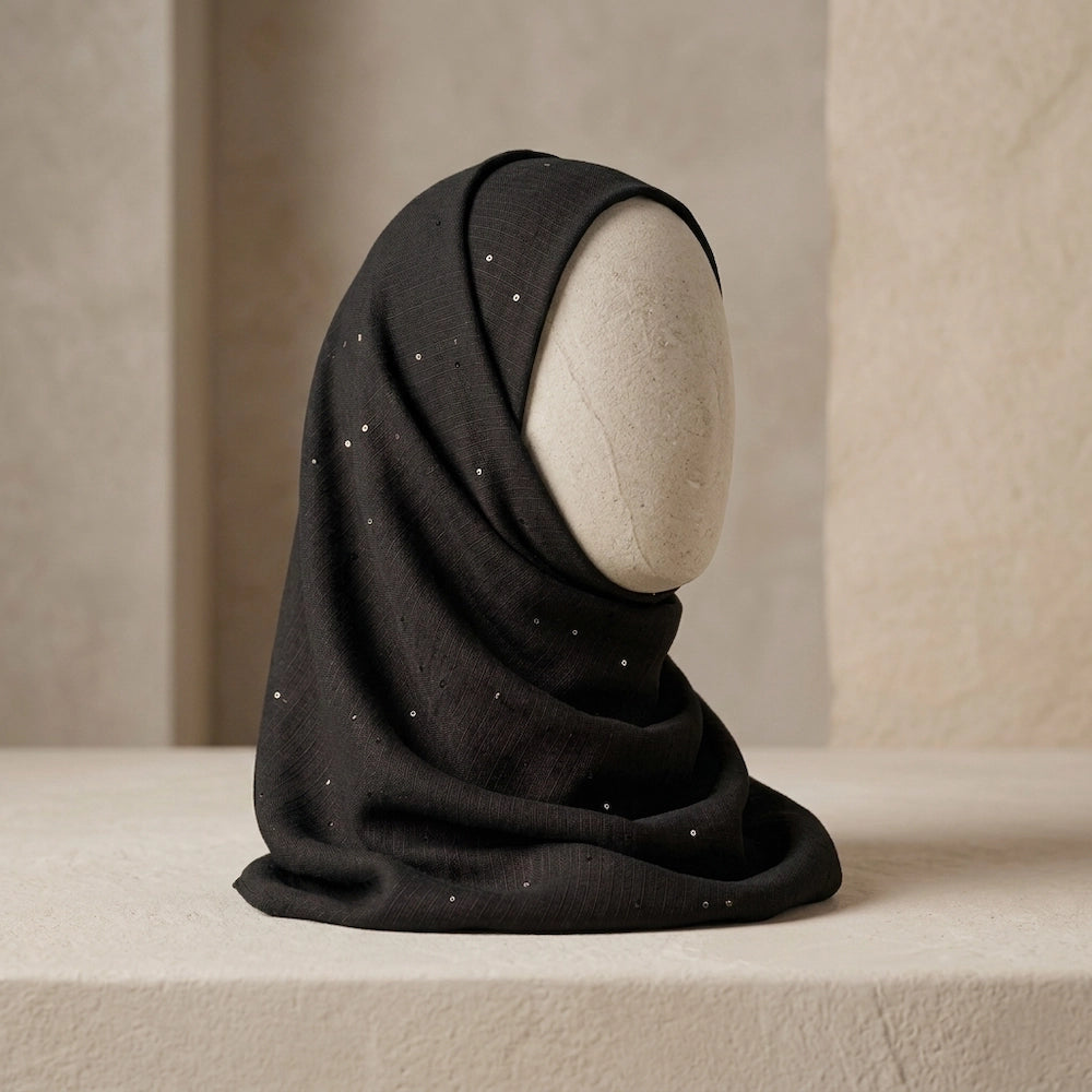 black lawn hijab with subtle sequin shimmer elegant modest scarf