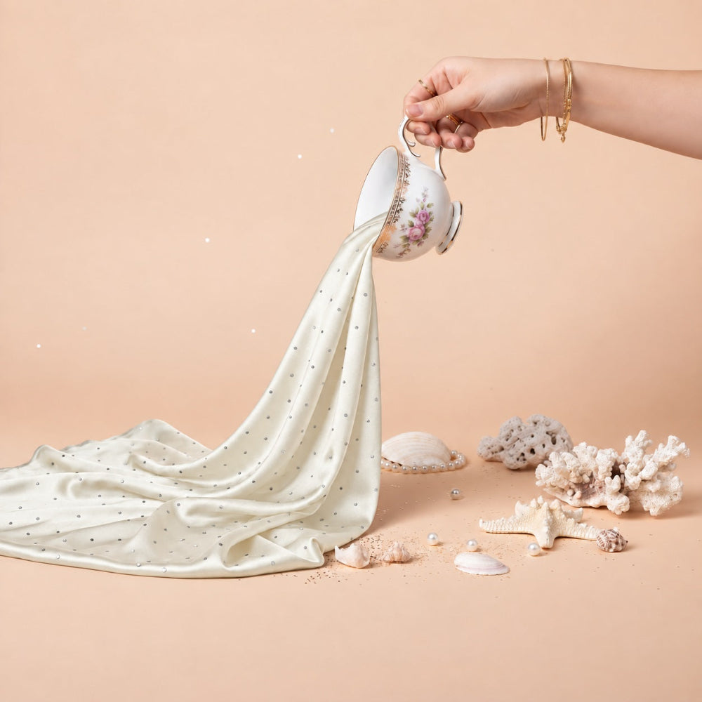 Ivory silk rhinestone hijab with silver stone detailing