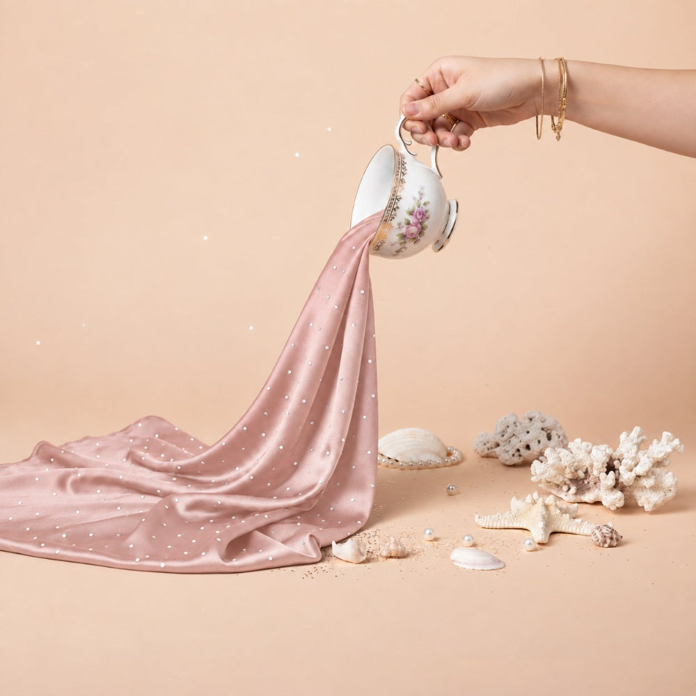 Blush pink silk rhinestone hijab with silver stone detailing