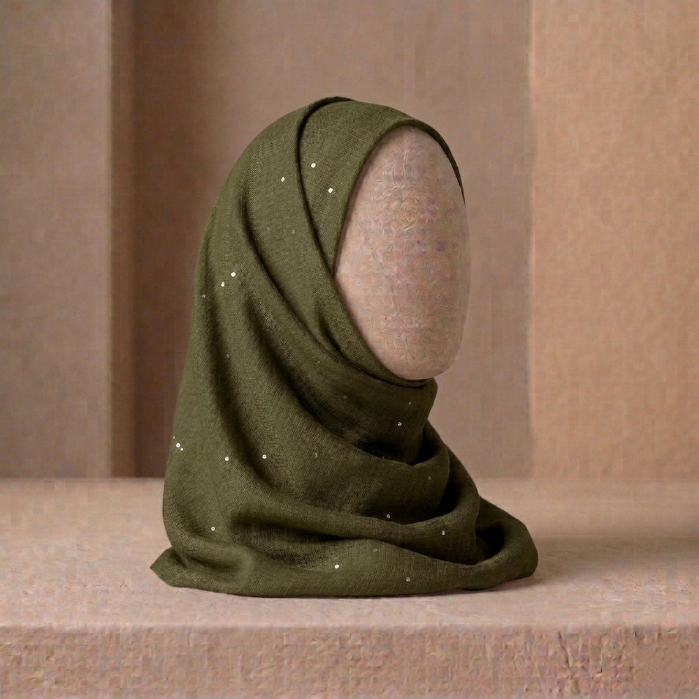 olive green sequin lawn hijab elegant modest scarf