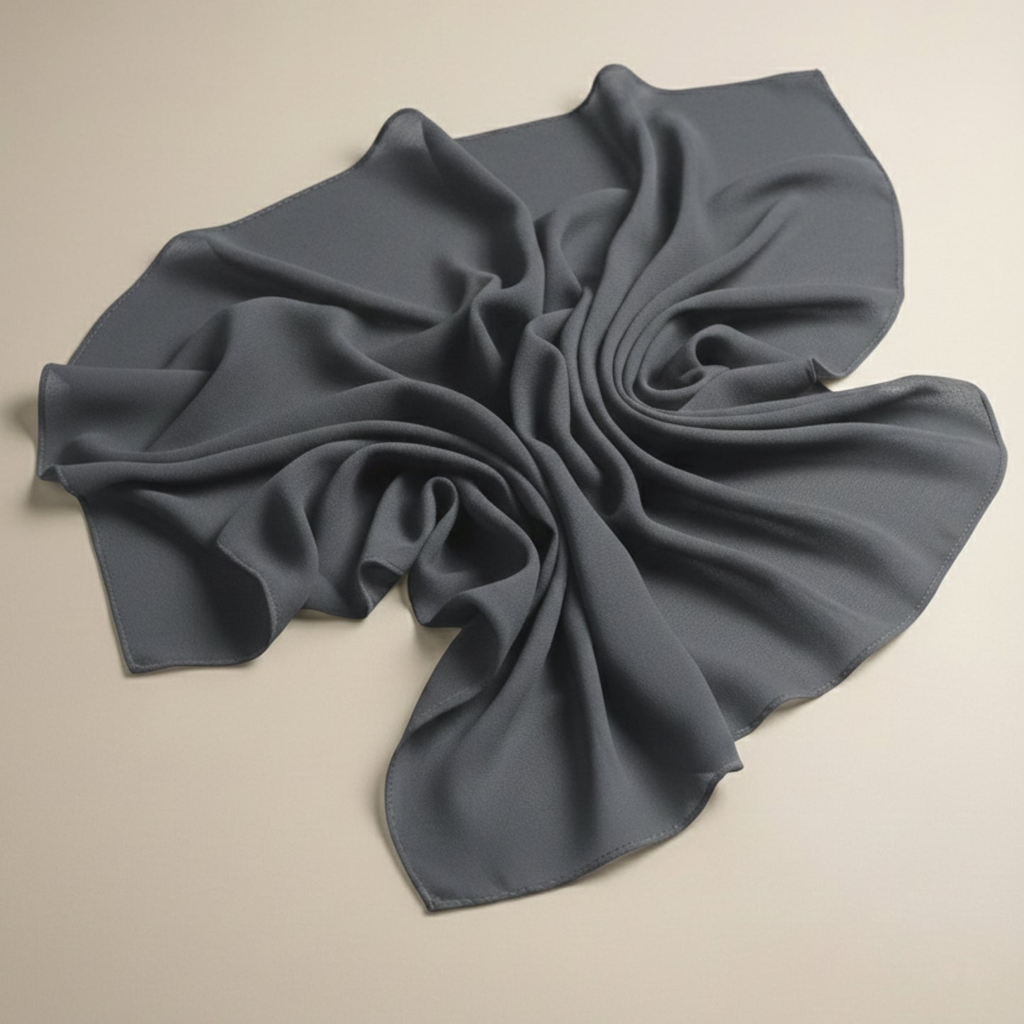 Cool medium grey georgette hijab fabric laid flat showing smooth texture