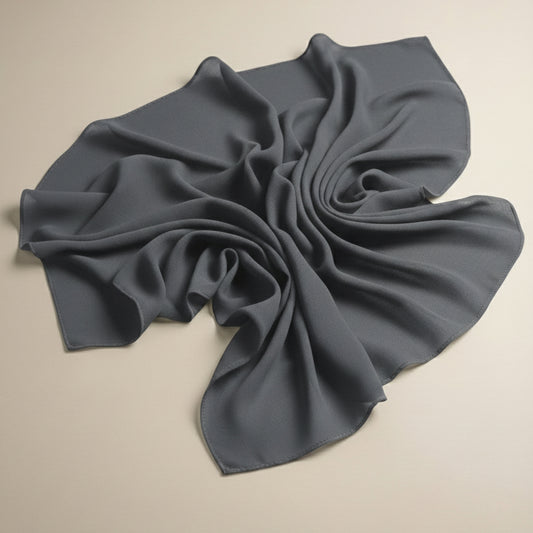 Cool medium grey georgette hijab fabric laid flat showing smooth texture
