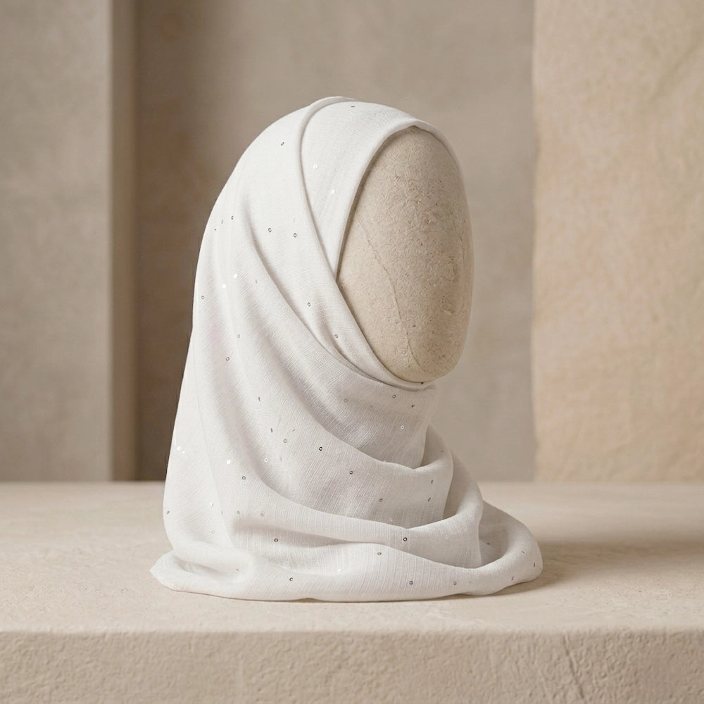 white sequin lawn hijab lightweight modest scarf with soft shimmer