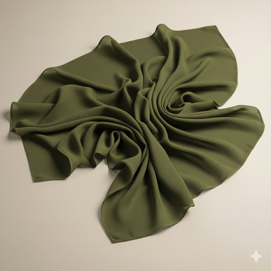 Olive georgette hijab fabric flat lay highlighting lightweight folds