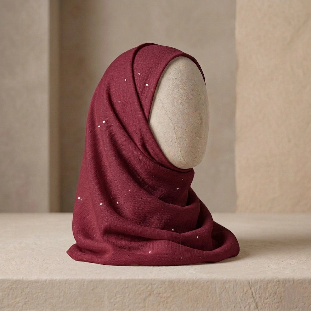 maroon sequin lawn hijab elegant modest scarf with subtle sparkle