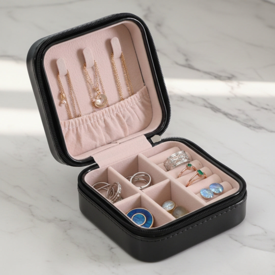 Black leather jewelry organizer box with zipper and multiple compartments