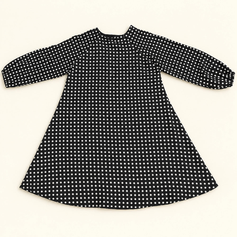 Black Polka Dot Girls Umbrella Abaya with Flared Sleeves