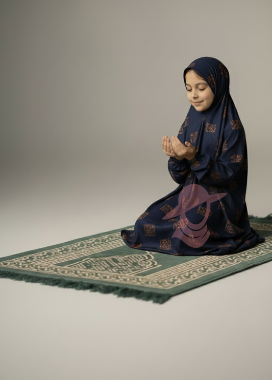 Blue Arabic Kids Namaz Chaddar for girls sitting on prayer mat