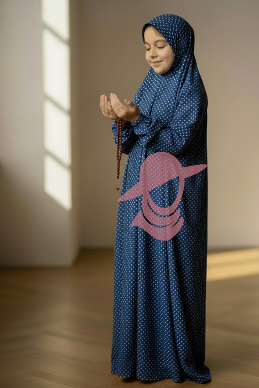 Blue Polka Dot Kids Namaz Chaddar for girls, standing view, soft breathable and playful