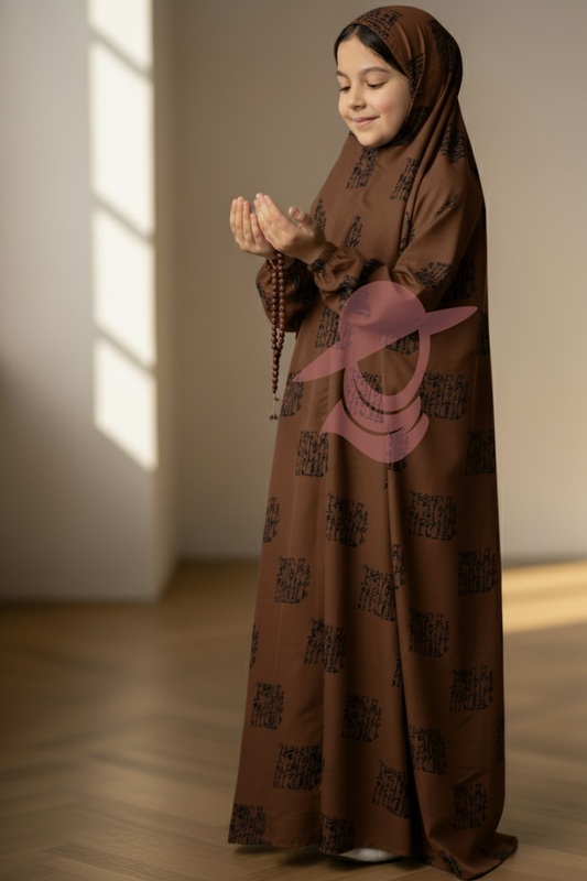 Brown Arabic Kids Namaz Chaddar for girls, standing view, soft and modest