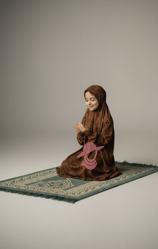 Brown Arabic Kids Namaz Chaddar for girls, sitting on prayer mat, comfortable and elegant