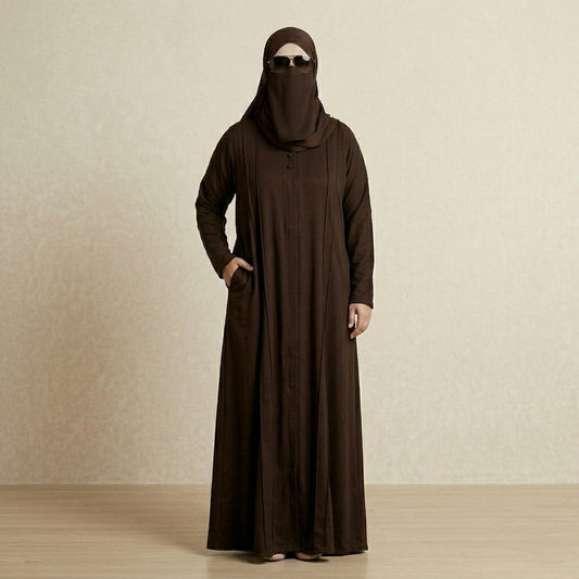 Coffee Brown Front Open TikTok Fabric Abaya With Zip Pocket | Summer Abaya