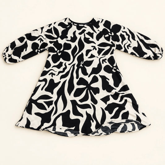 Black & Cream Abstract Floral Kids Abaya