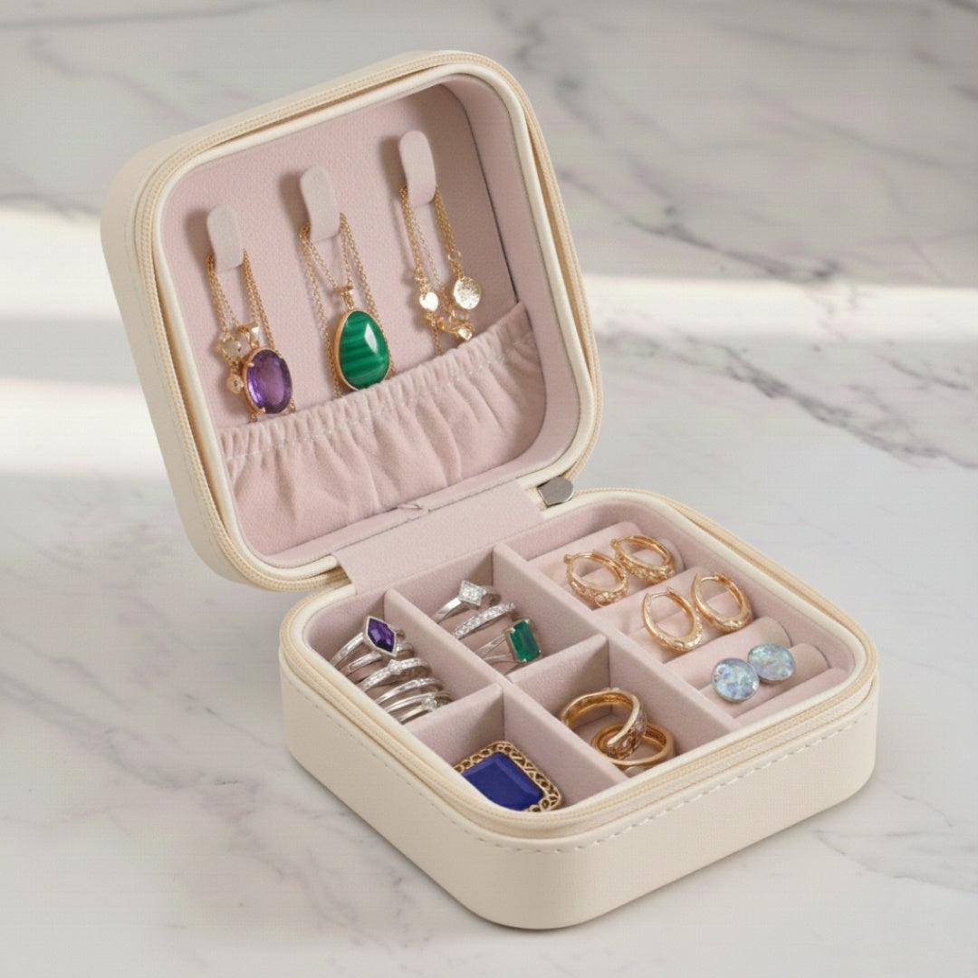 White leather jewelry organizer box with zipper and multiple compartments