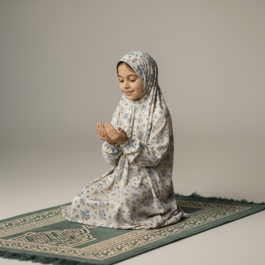 Child in atulip namaz chaddar sitting on a prayer mat with a plain background