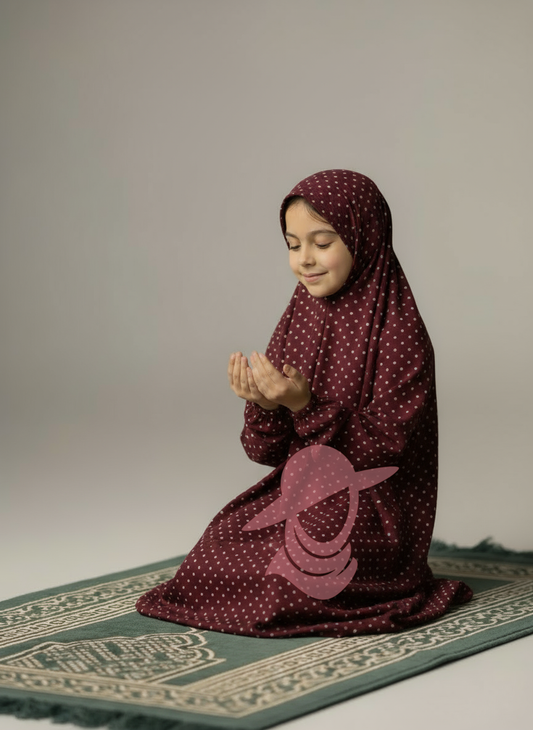 Maroon Polka Dot Kids Namaz Chaddar for girls, sitting on prayer mat, modest and comfy