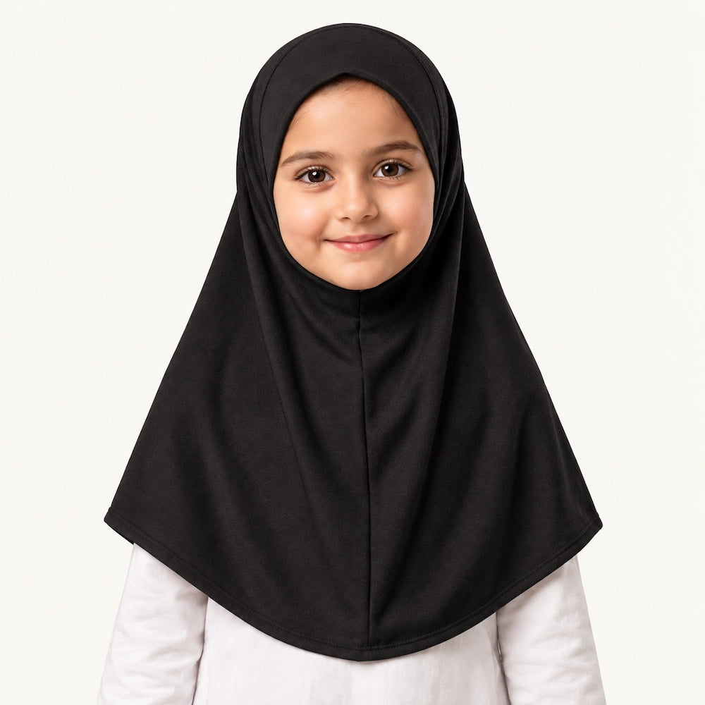 Black Kids Makhna Hijab by Graceful Layers in stretchable cotton jersey with a one-piece pinless pull-on design
