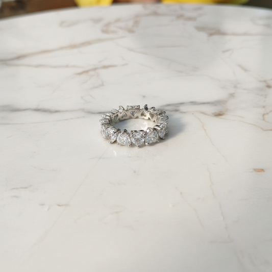 Silver heart zircon band ring with small heart-shaped stones, luxury stainless steel ring