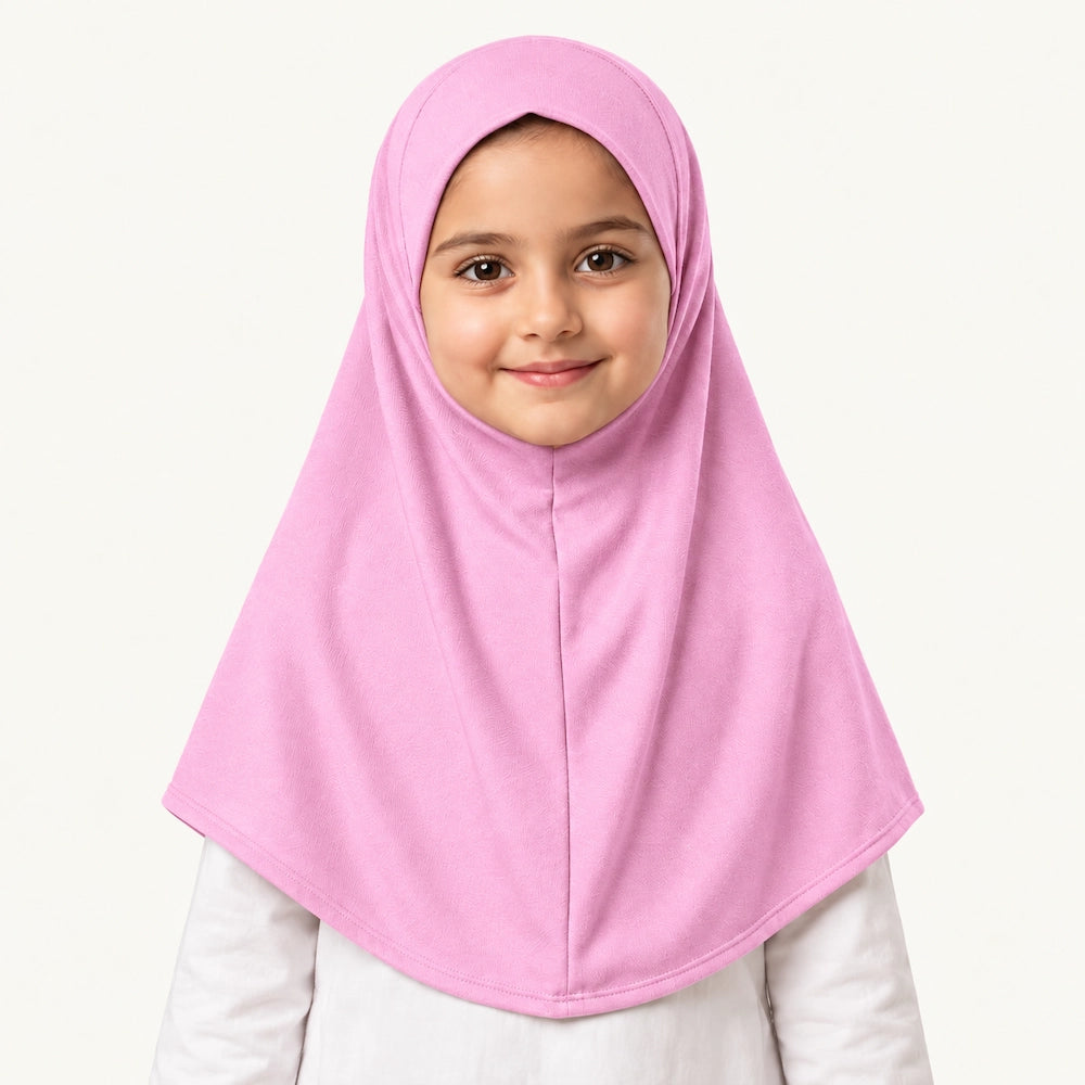 Baby pink Kids Makhna Hijab in stretchable cotton jersey with a one-piece pinless pull-on design