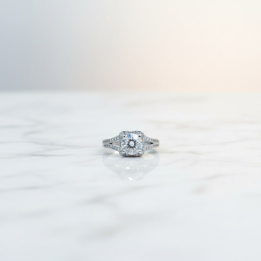 Silver princess cut halo zircon ring with split shank band and pavé stones