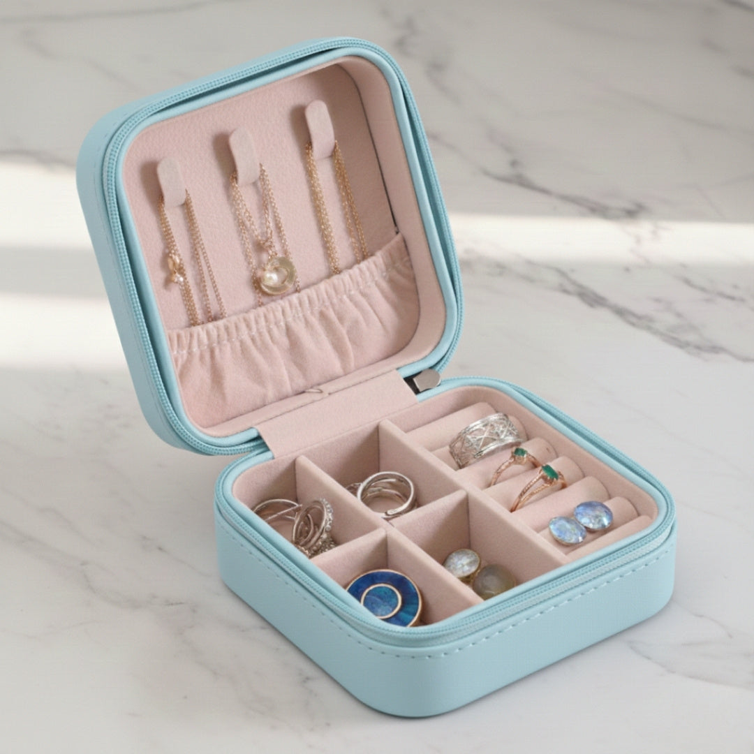 Sky blue leather jewelry organizer box with compact compartments