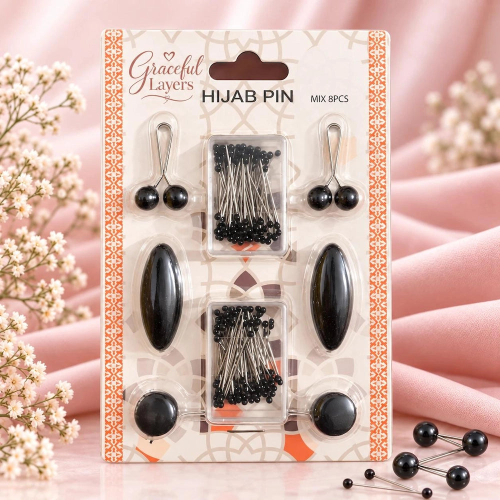 Graceful Layers black assorted hijab pin set labeled mix 8 pieces