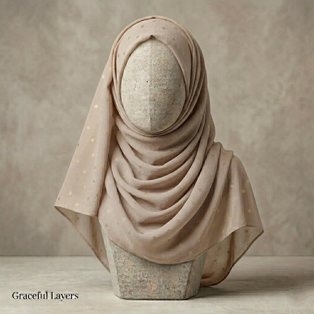 sand beige lawn hijab with gold floral foil lightweight hijab pakistan