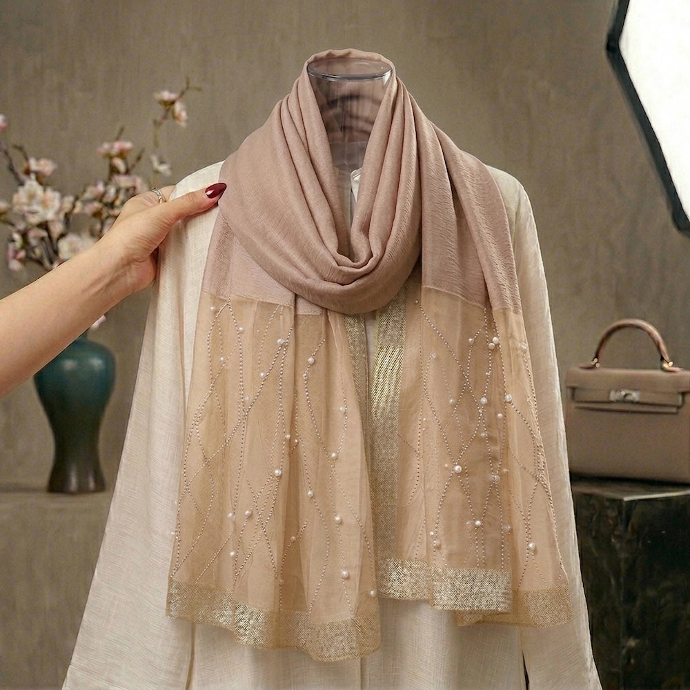 beige pearl embellished organza hijab with neutral elegant drape for formal and everyday styling