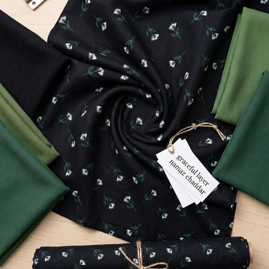 Black Green Floral Namaz Chaddar for Women – Lightweight Prayer Dress with Attached Veil