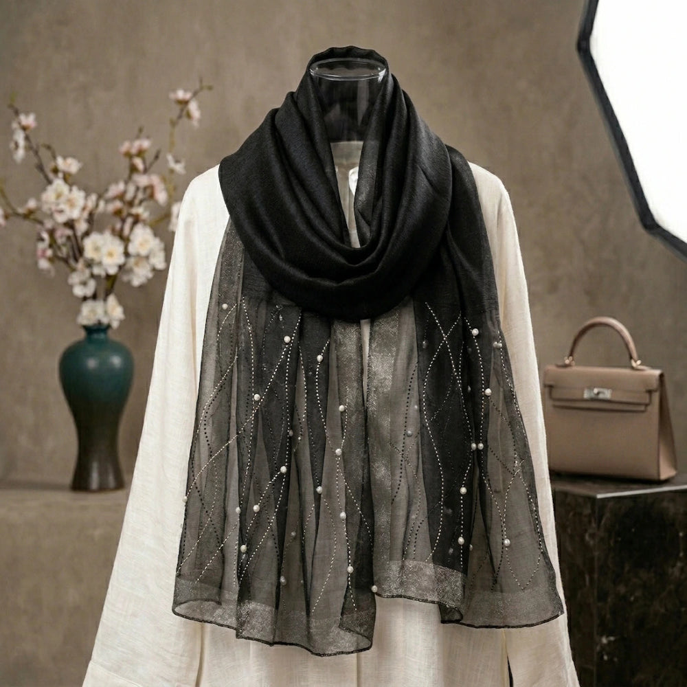 Black embellished organza hijab with pearl detailing luxury formal hijab by Graceful Layers