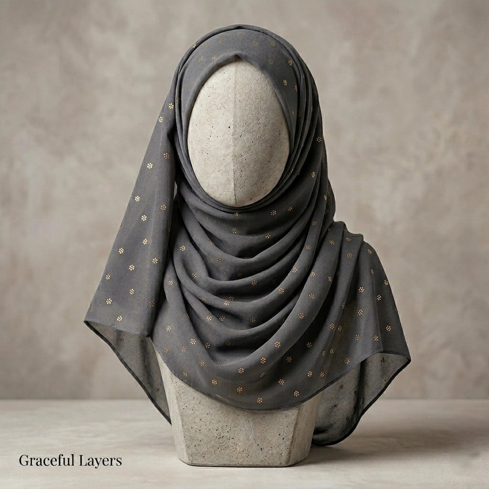 charcoal grey lawn hijab with gold floral foil lightweight hijab pakistan