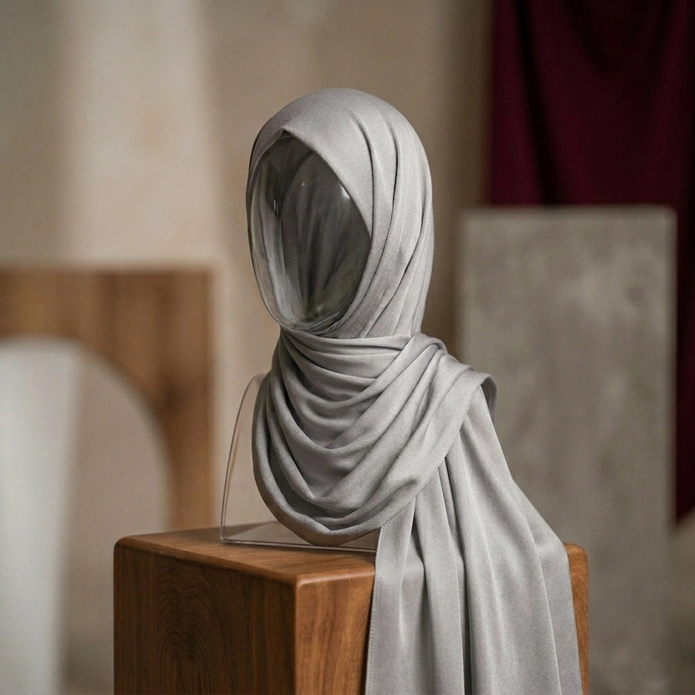 Metallic silver silk hijab with glowing finish formal style