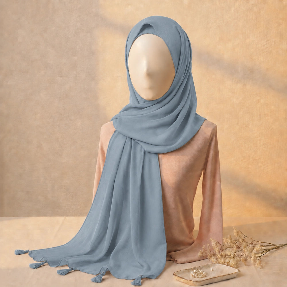 Dusty blue lawn tassel hijab with lightweight breathable fabric
