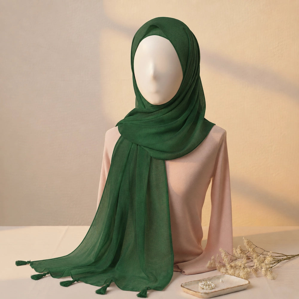 Emerald lawn tassels hijab lightweight breathable modest scarf with tassel edges Graceful Layers