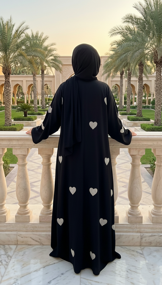 Back view of women wearing Black Heart Abaya with silver heart embroidery by Graceful Layers.