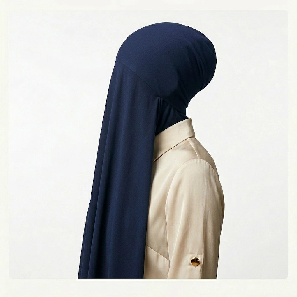 Navy instant georgette hijab with attached cotton jersey tube cap ready to wear modest hijab