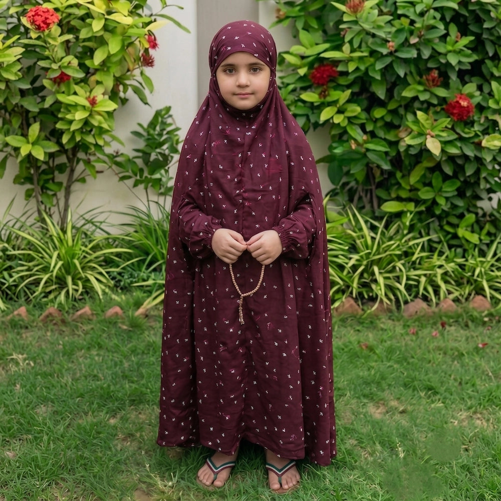 Maroon floral kids Namaz Chaddar prayer dress with elastic sleeves and secure fit