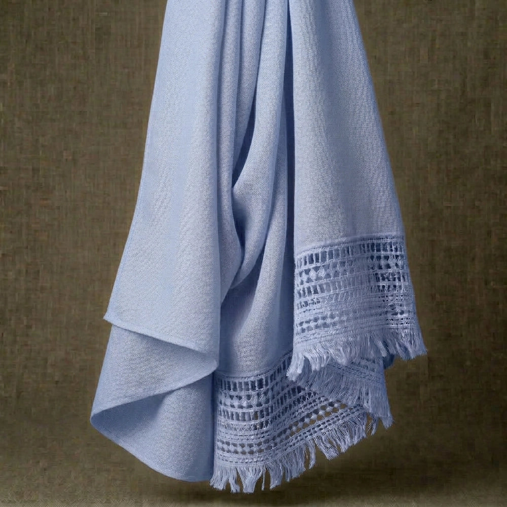 Sky blue lawn hijab with lace border and fringe edges