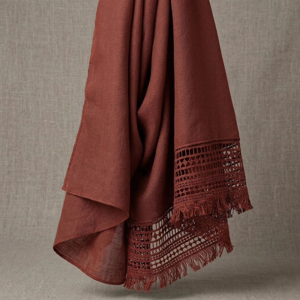 Brown lawn hijab with elegant lace border fringe edges