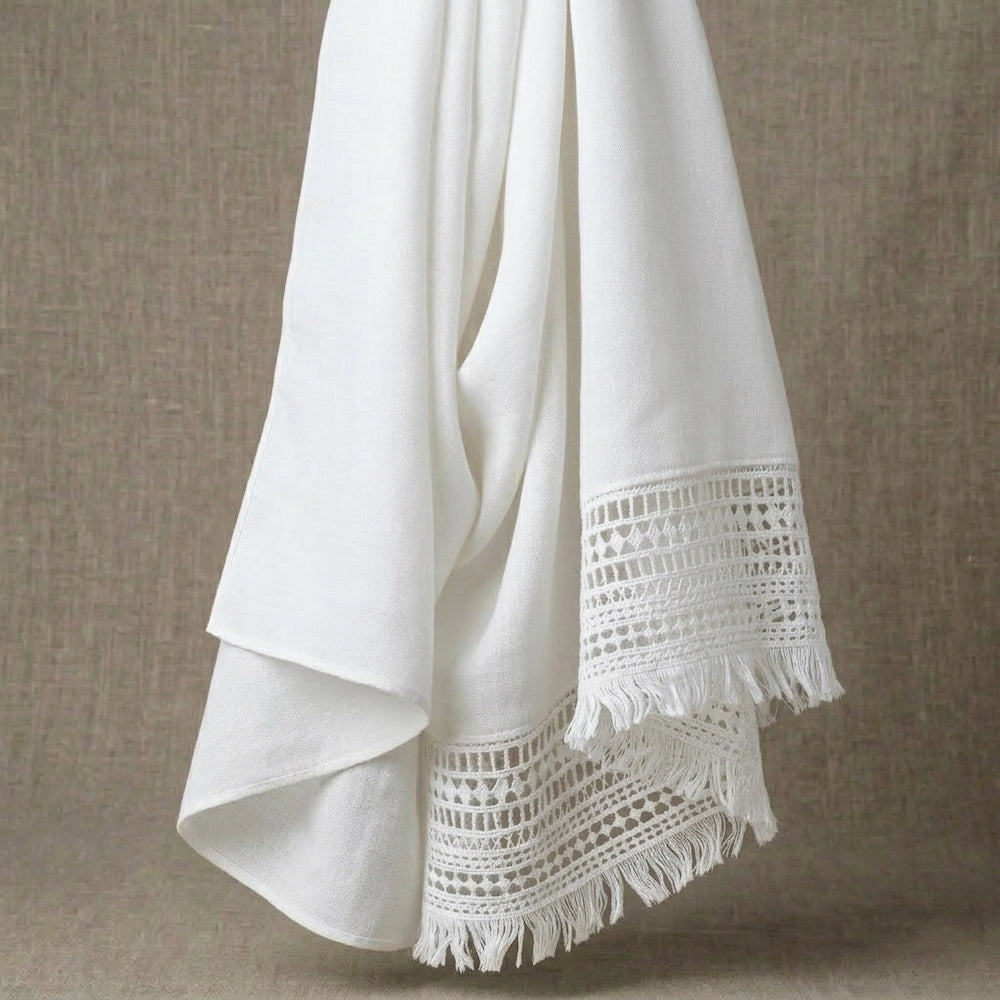 White lawn hijab with lace border and fringe edges soft drape