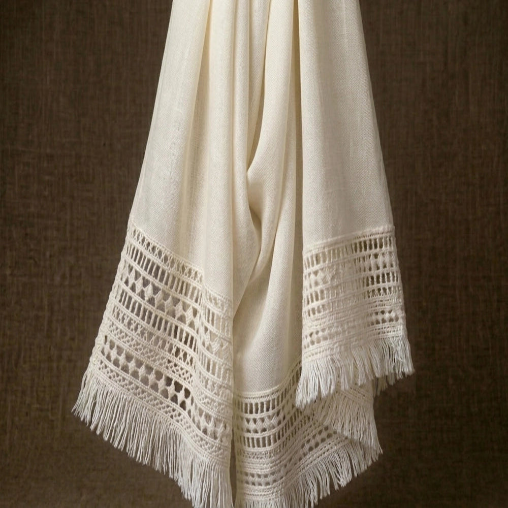 Pastel yellow lawn hijab with lace border and fringe edges