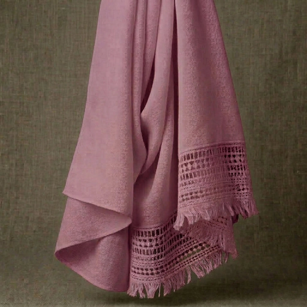 Pink lawn hijab with elegant lace border and fringe edges