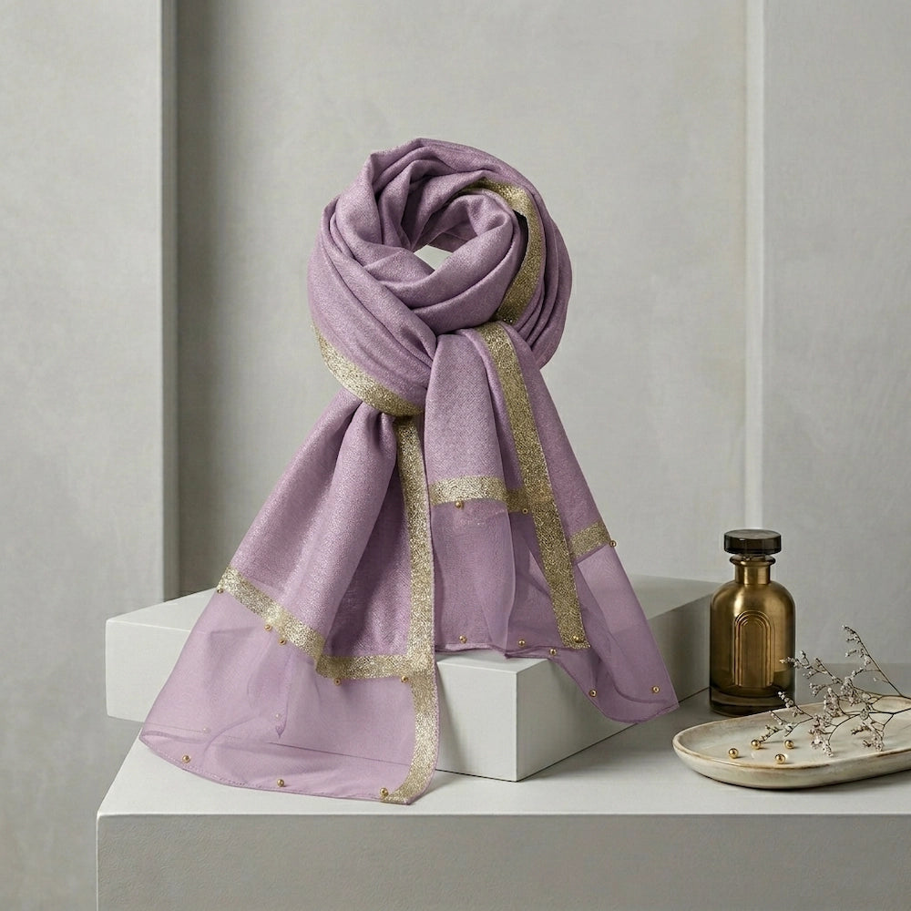 Light purple organza hijab gold pearl embellishments luxury hijab Pakistan