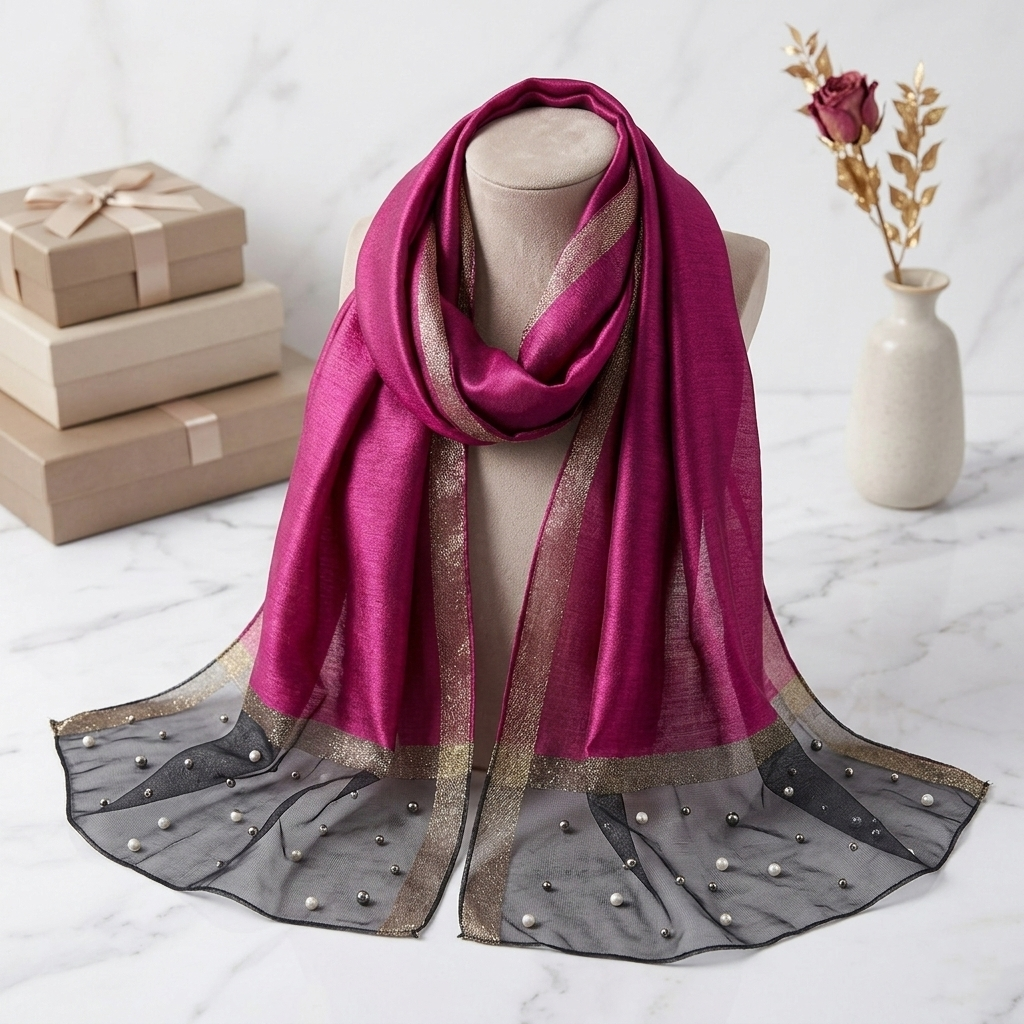 Magenta luxury organza hijab with pearl embellishments and metallic border from Imperial Pearl Organza collection