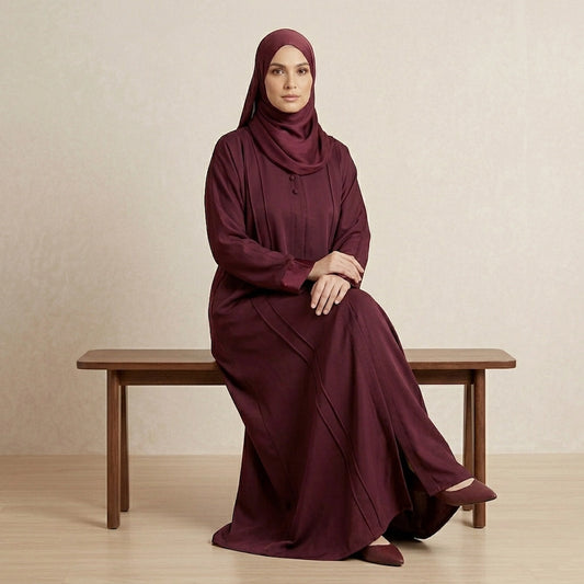 Maroon front open abaya with right side zip pocket