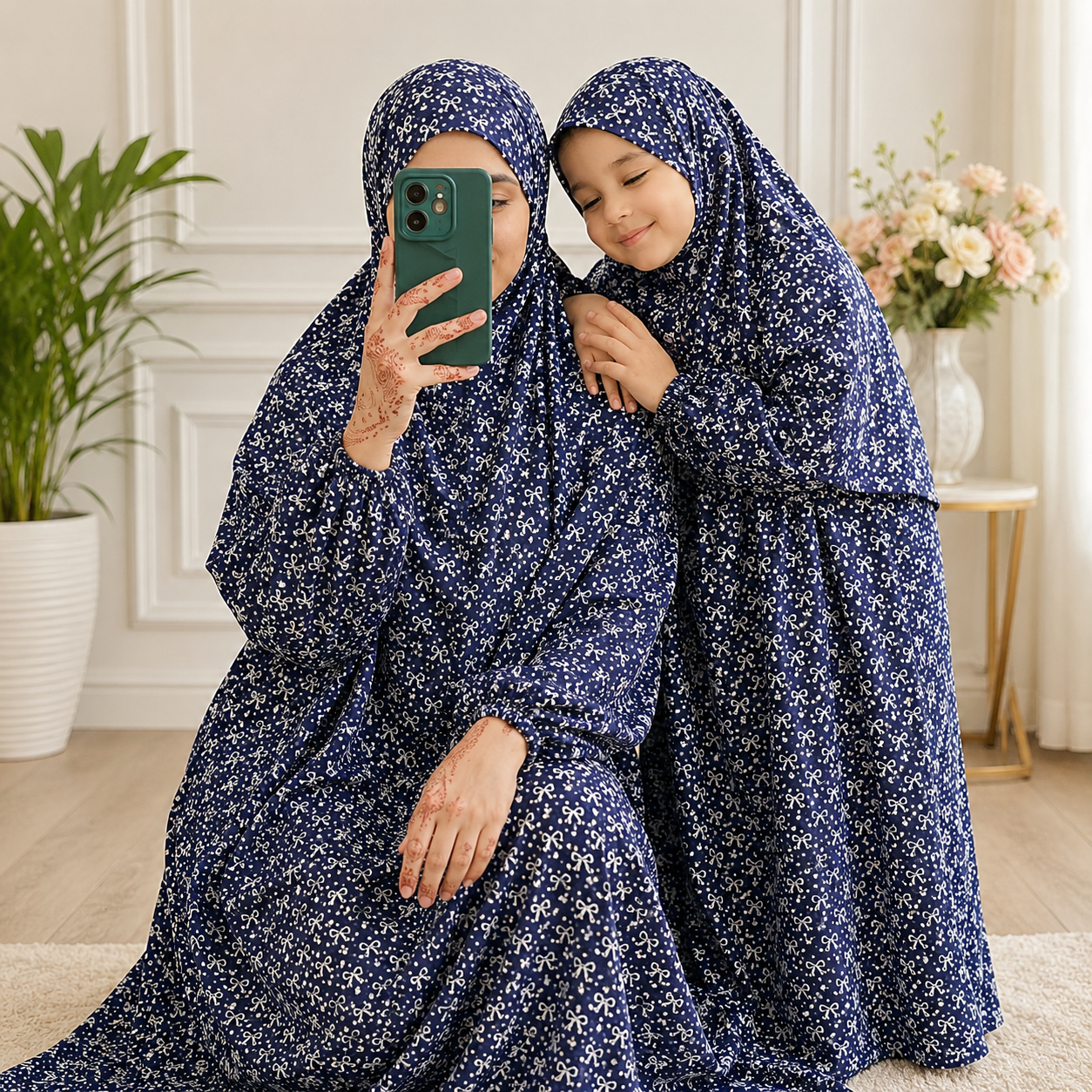 Navy Blue Mother and Daughter Matching Namaz Chaddar Set with Attached Veils and Full Coverage Design
