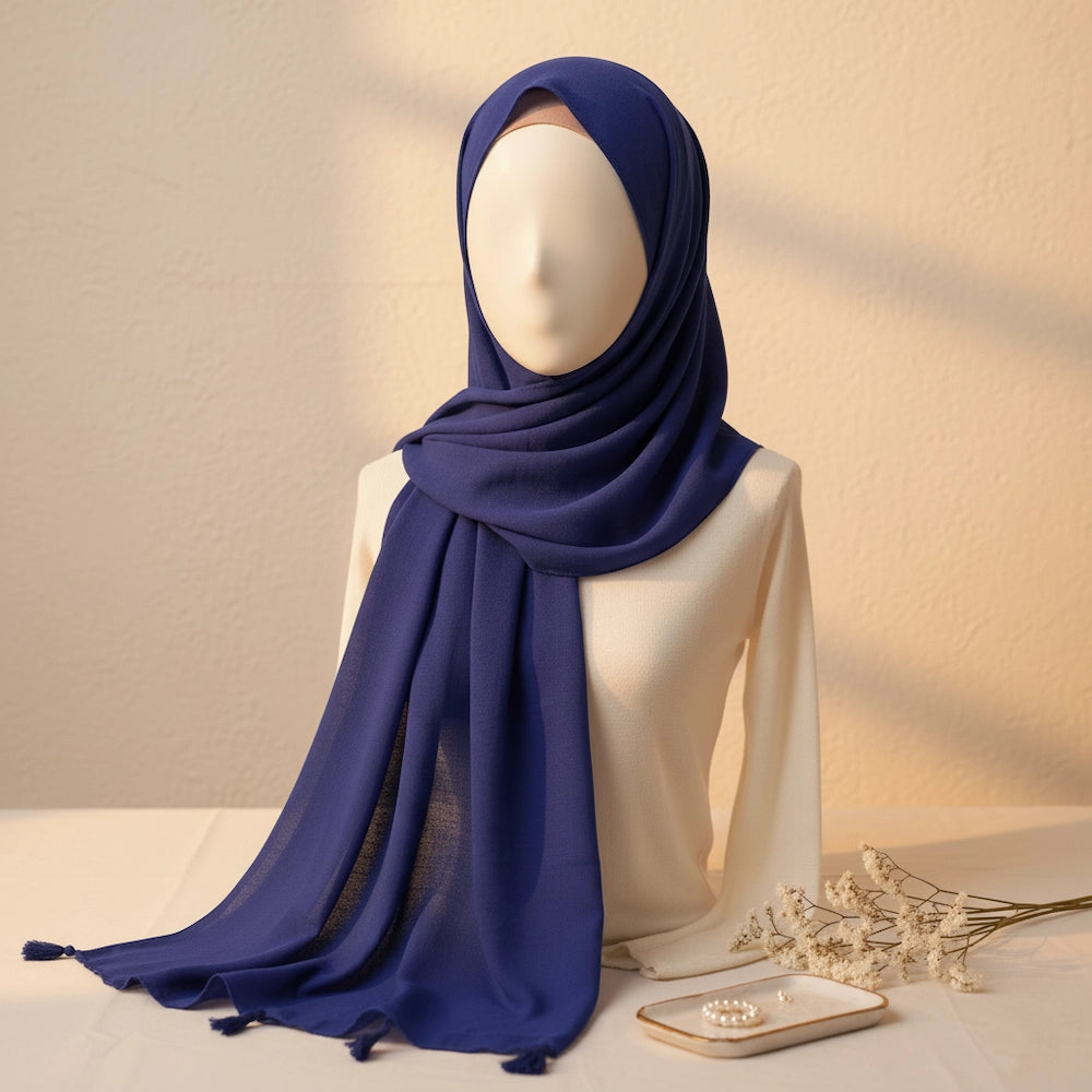 Lawn Tassels Hijab – Navy Blue | Elegant Lightweight Modest Scarf