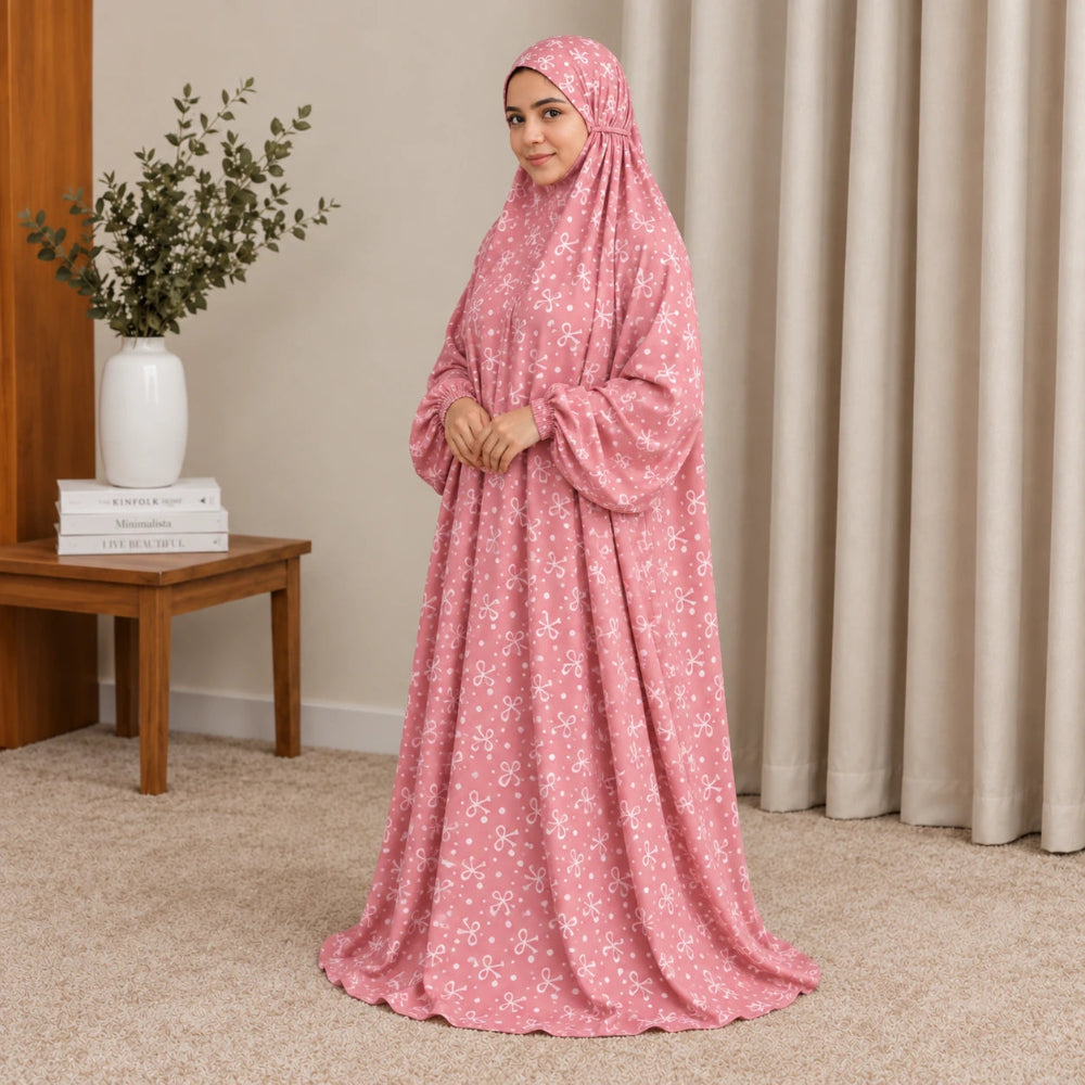 Pink Printed Namaz Chaddar for Women with Built In Veil and Elastic Sleeves