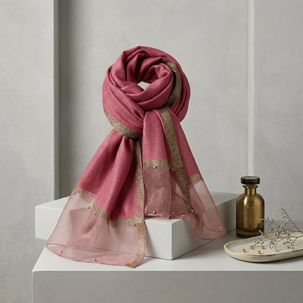Pink organza hijab gold pearl embellishments elegant hijab Pakistan